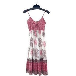 Perry Walker Collective Womens Printed Tie Front Boho Midi Dress Pink White Sz S